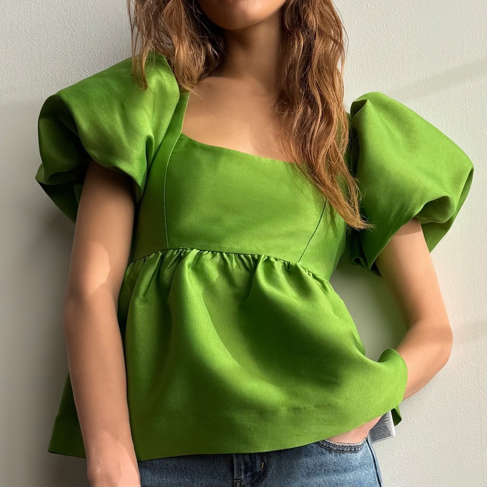 Vibrant Green Puff Sleeve Blouse